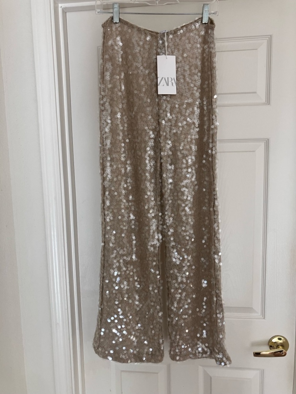 ZARA Semi Sheer Sequin Knit Pants Tan Neutral Champagne Medium M NEW NWT